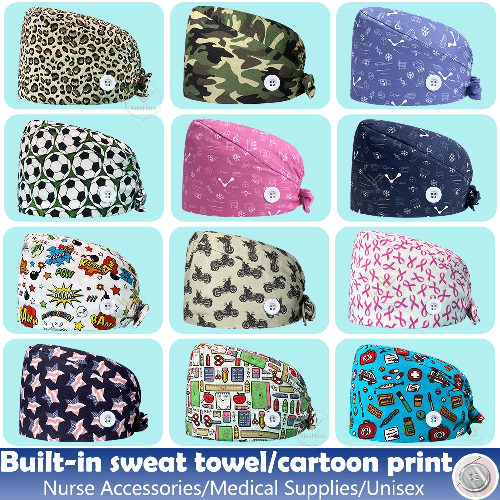 Women Print Wholesale Animal Scrubs Caps Pet Shop Work Scrubs Breathable Lab Scrub Hat Nursing Hat Beautician Hospital Work Hats smile