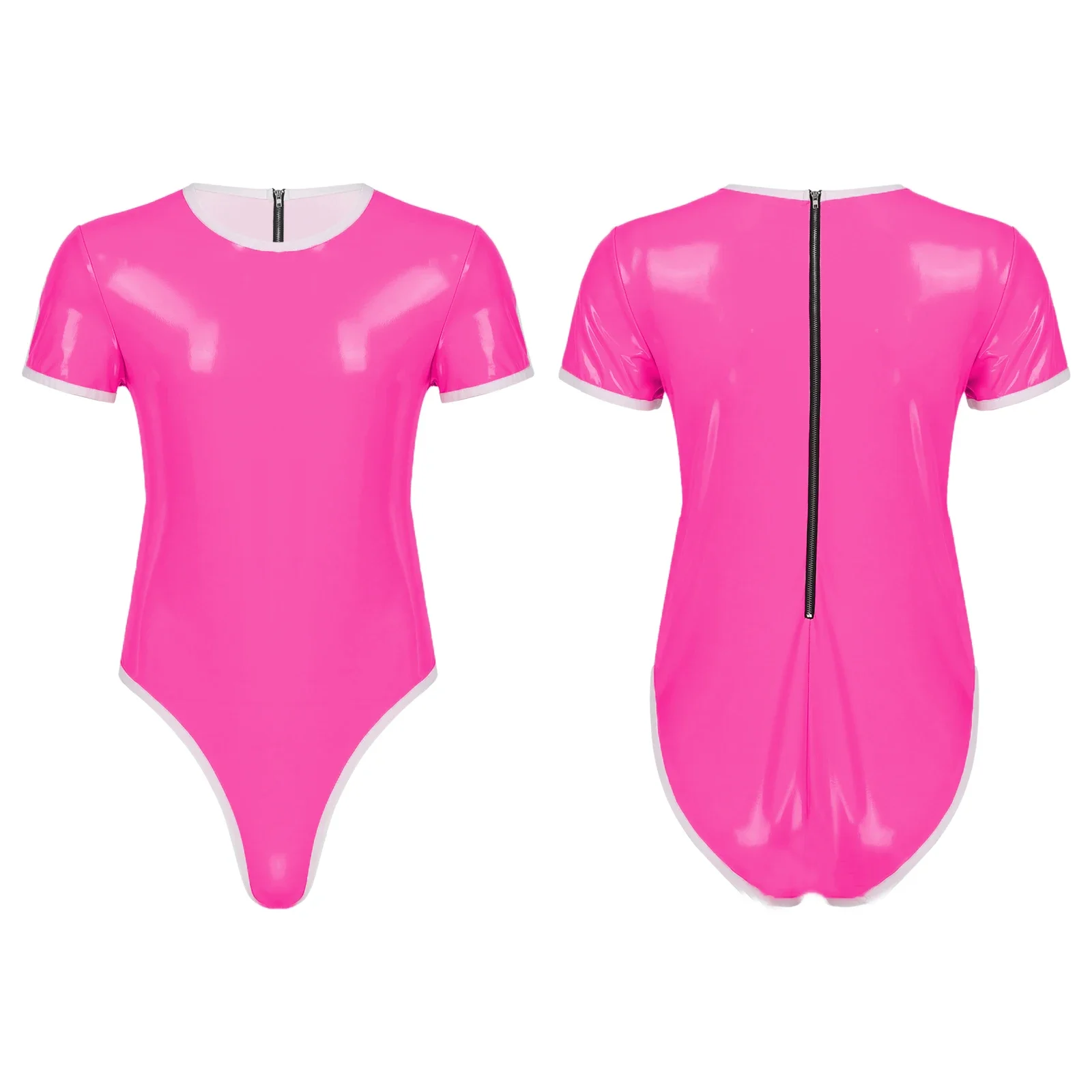 Bodysuit Lingerie Bondage Sexy Short Sleeve Round Neck Faux Leather Catsuit Back Zip Jumpsuit Sex Sheath Tight Clubwear S-7XL smile