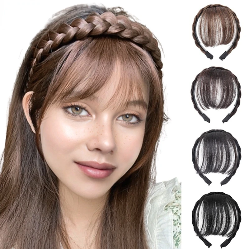Bangs Synthetic Hair Fake Neat Fringe Bands With Double Row Braids Headband Heat Resistant Bangs In Hair Extensions ddmysmile Hairpieces Smile