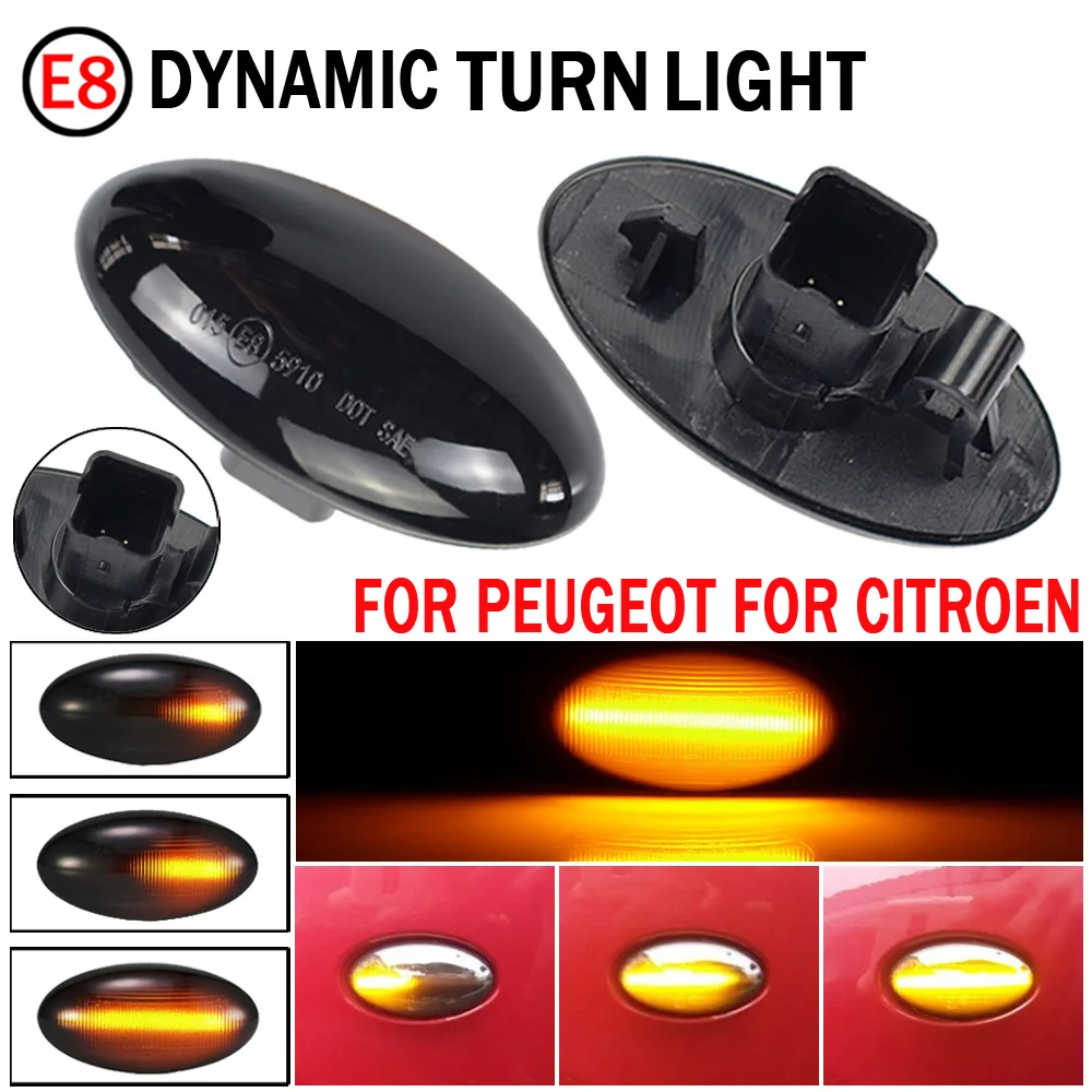 2pcs Dynamic Amber LED Flashing Turn Signal Light Side Marker Lamp For Peugeot 307 206 407 107 607 1007 4007 Citroen C1 C2 C3 C5