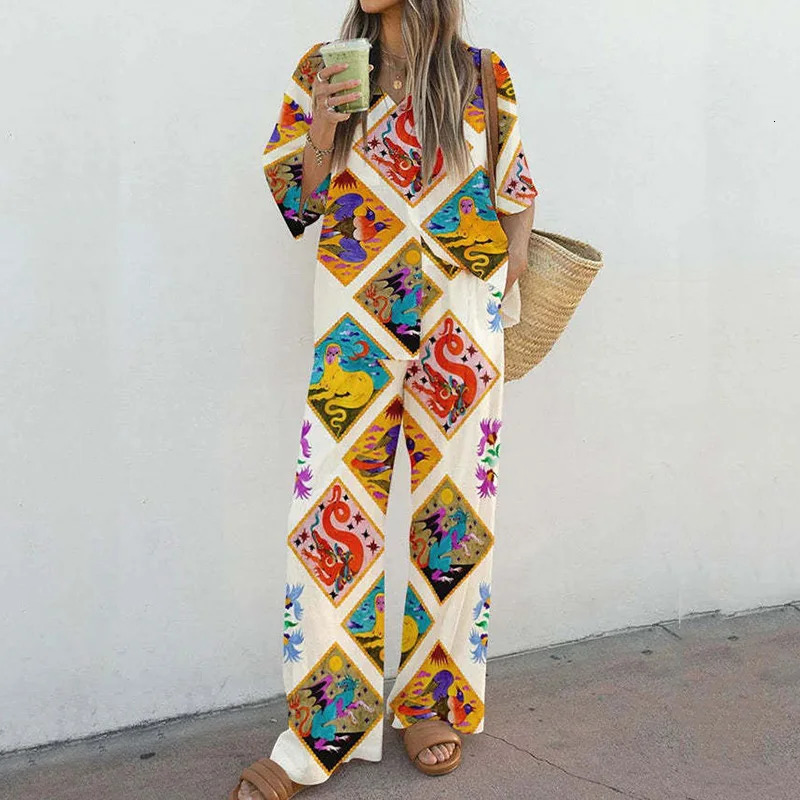 Casual Short Sleeve Cotton Linen Outfits Fashion Lapel Button Shirt Long Pant Suit Women Elegant Pattern Print Two Piece Sets 240401