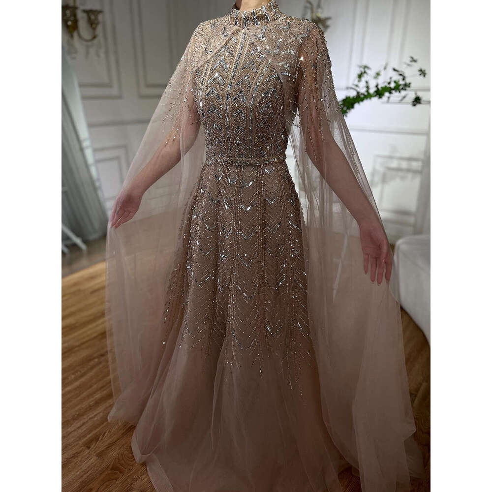Blue Serene Hill Beaded Design A E Saudi Arabic Evening Dresses Gowns With Cape Sleeves For Ocn LA Customized Rabic Vening L 6660311