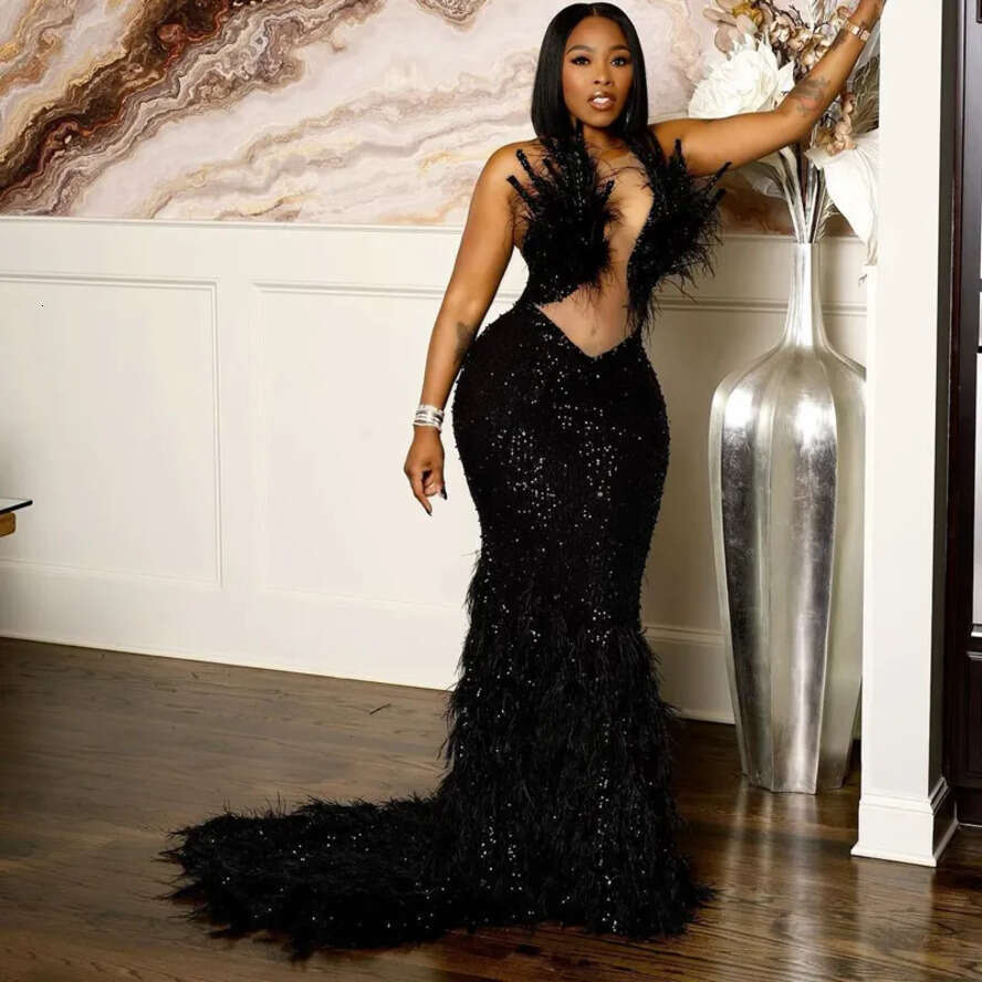 Ebi Aso Black Urious Feather Mermaid Prom Gowns Lace Beaded Evening Birthday Party Second Reception Dresses African Nigeria Dress Engagement Gown St 6