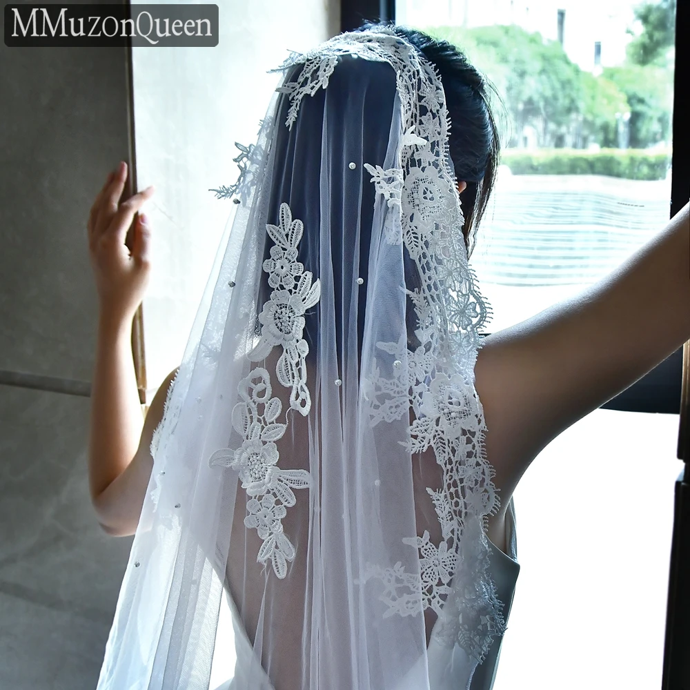 Beaded Lace MMQ M17 Bridal Veil White/ ddmysmile Solf Tulle One Layer Pearls Wedding Bride Veil With Comb Woman Accessories Smile White/