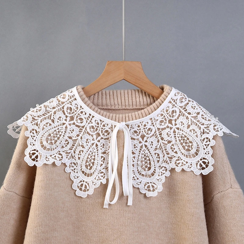 Out Women Crochet Hollow Lace Shawl Fake Collar Shiny ddmysmile Pearl Beaded Necklace Cape T8nb Smile