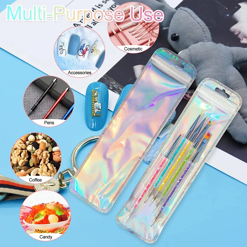 Zipper 200Pcs Mix Rainbow Pouch Long Holographic Plastic Resealable Mylar Pouch Gift Pen Packaging Bags Jewelry Necklace Baggies smile