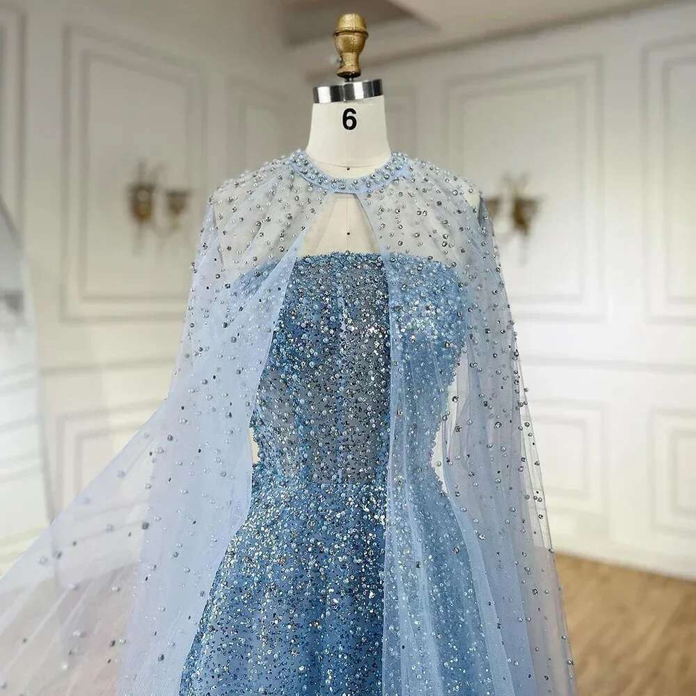 Customized Arabic Blue Saudi Evening Gown A E Elegant Cape Sleeves Beaded Dress For Formal Ocn LA legant mal L