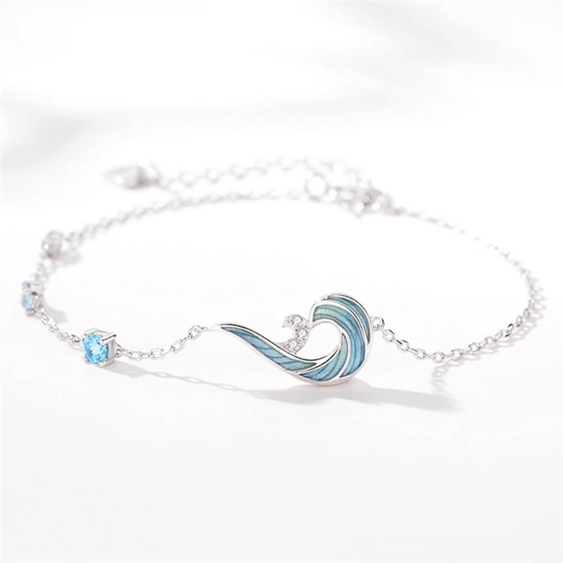 Sterling Sier WYEAIIR Blue Drip Glaze Enamel Wave Spray Fine Jewelry Female Resizable Bracelet smile