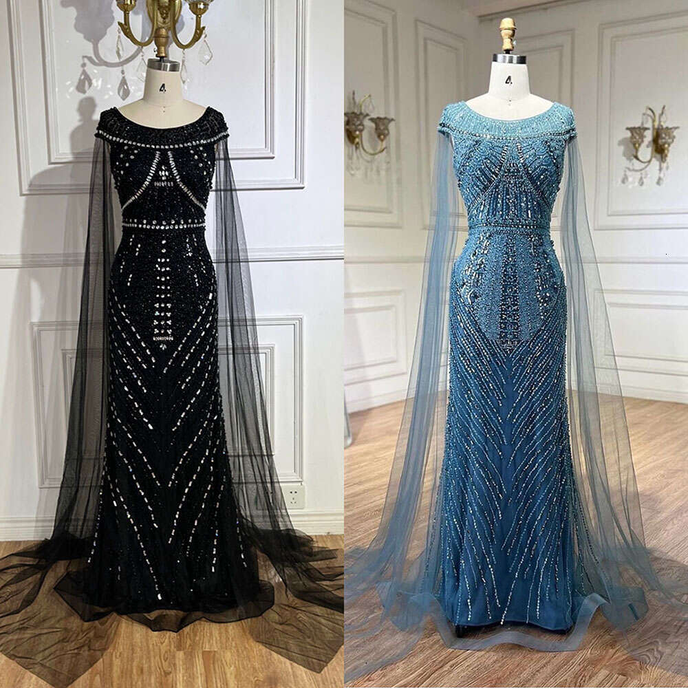 Arabic Serene Hill Black Mermaid Gown With Cape Sleeves And Beaded Evening Dresses For Party LA Customized