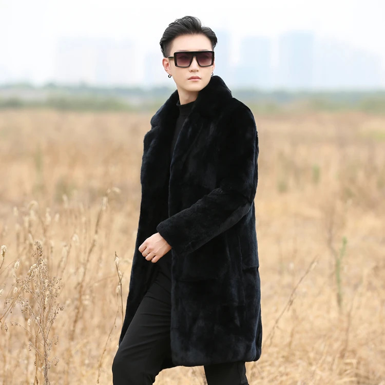 Real Gennie Natural Mens Rex Rabbit Fur Coat UK Collar Long Fashion Jacket Warm Winter Customization Any Size 241108