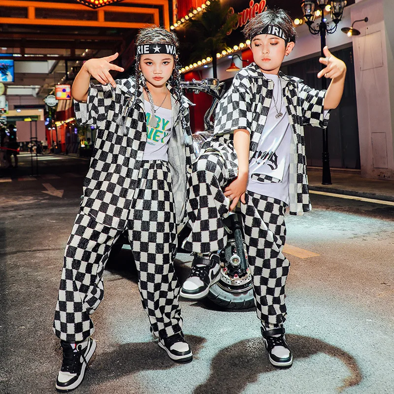 Clothing Hop Kid Hip Black Checkered Shirt Short Sleeve Top ddmysmile Streetwear Baggy Jogger Pants For Girl Boy Dance Costume Clothes Set Smile