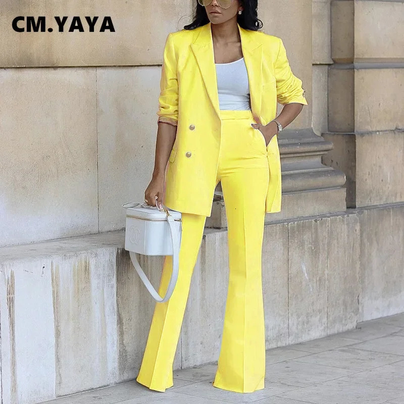 CMYAYA Basic Elegant Womens Tracksuit Double Breasted Blazers and Straight Flare Pants Suit Matching Two 2 Piece Set Outfits 240329