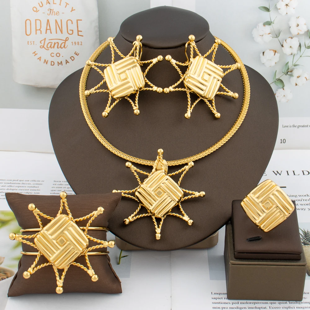 Women for Jewelry Set Hollow Pendant Arab Dubai Gold Plated Earring Necklace Bracelet Ring Wedding Bridal Bride Gift smile