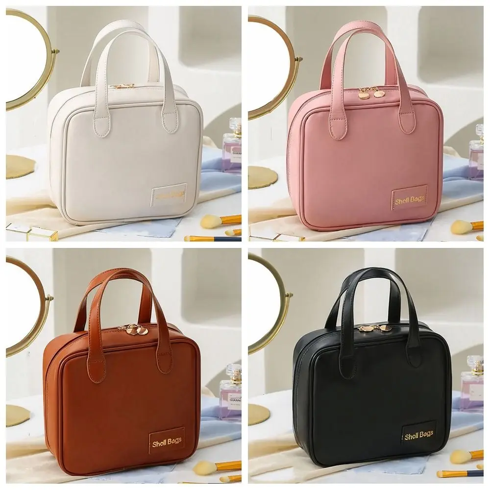 Bags PU Handheld Cosmetic Leather Simple Portable Small Square Bag Makeup Pouch Travel Toiletries Storage Handbag smile