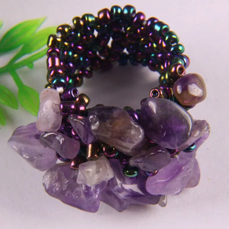 Coral Handmade Stone Beads Amethyst Crystal Quartz Agate Sodalite Turquoise Opal Garnet Elastic Finger Ring Stretch Size 8-9 smile