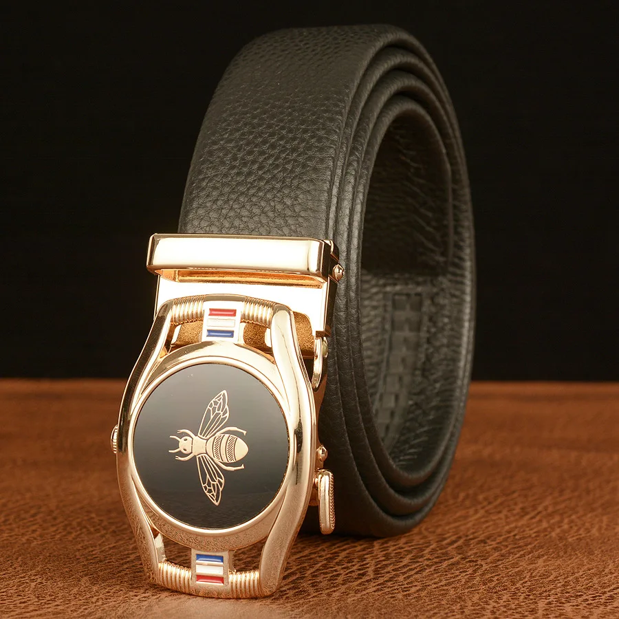 Buckle Brand Men Automatic Belt Genuine Leather Bee Pattern Male Belts Casual 3.5cm Width High Quality Cowhide Waistband smile