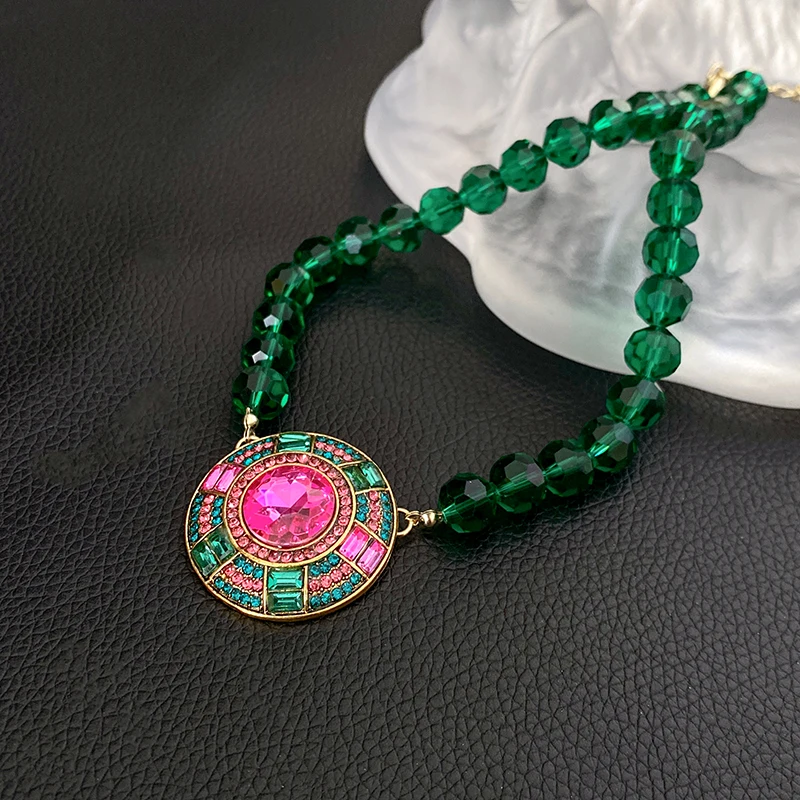 Jewelry Two-Piece Sets Women ddmysmile Rhinestone Round Earrings Necklace Set Retro Light Emerald Exaggerated Accessories Smile