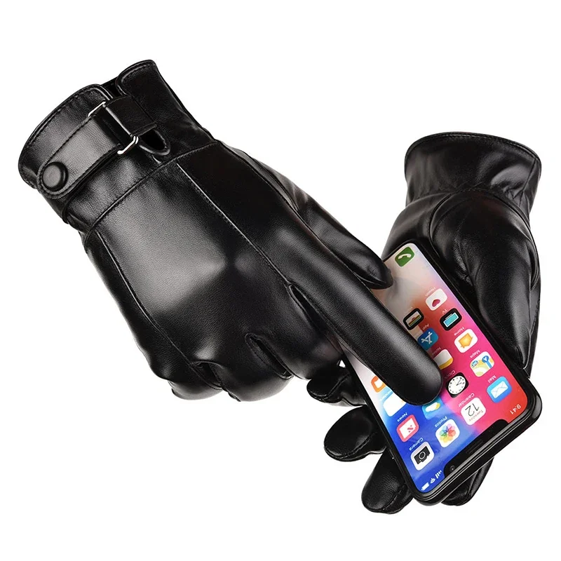 Men's PU Leather Gloves Winter Fleece Outdoor Riding Water Anti Slip Driving ddmysmile Warm Motorcycle Touch Screen Gloves Smile