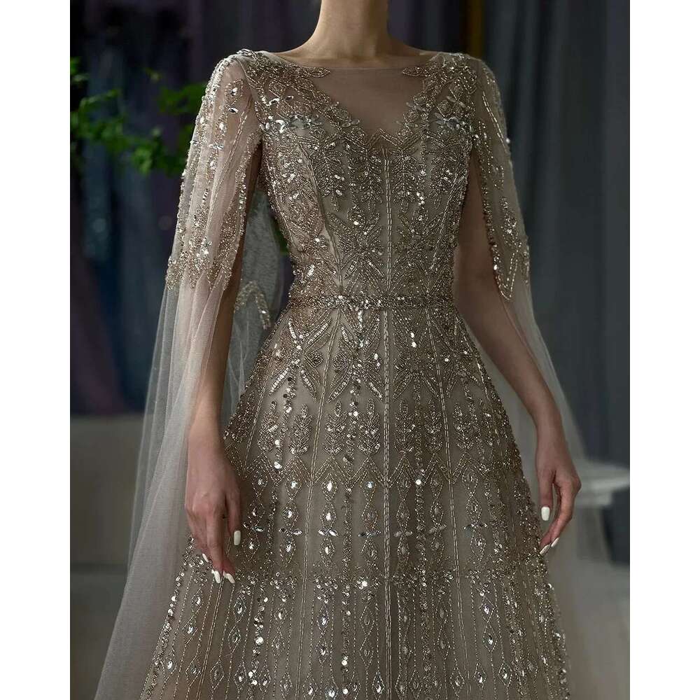 A Customized Muslim E Blue Beaded Evening Gowns With Cape Sleeves For Women S Party LA vening L