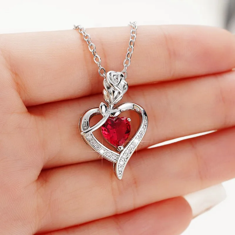 Red Heart Gorgeous Huitan CZ Rose Design Women's Pendant Necklace Aesthetic Bridal Wedding Accessories Gift for Mother's Day New smile