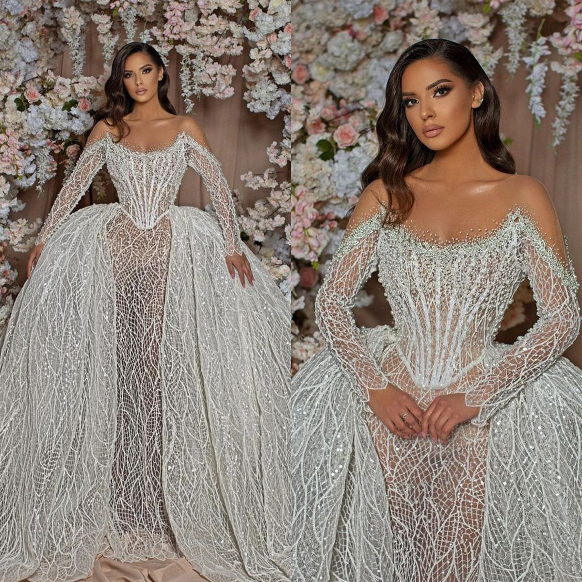 Glamorous Mermaid Wedding Dresses Sparkly Lace Pearl Sequins Backless Long Sleeves Sweep Train Bridal Custom Custom Made Plus Size Bridal Gown Vestido