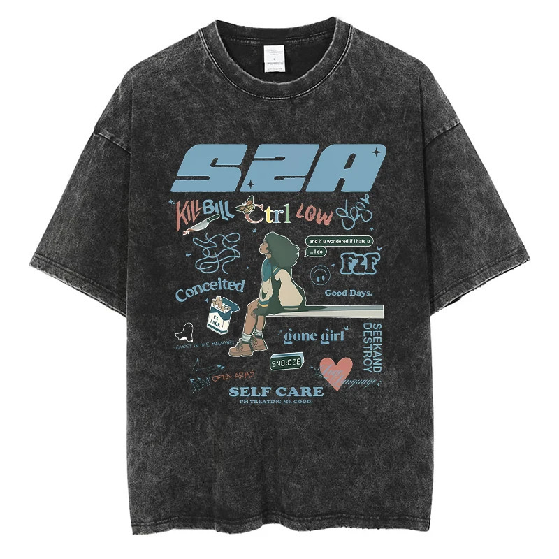 SZA SOS Print Tshirt Cute Cartoon Heartshaped Graphic Quality Cotton Vintage Oversized Short Sleeve Tees 240409