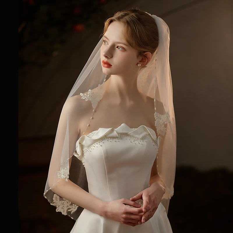 Exquisite Bridal V752 Wedding Veil One-Layer Tulle ddmysmile Lace Appliqued Handmade Beading Edge White Brides Veil Smile