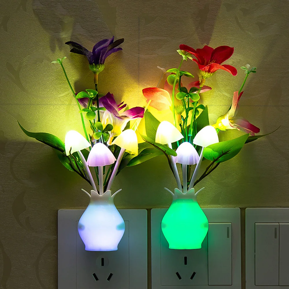 Night Light LED 1Pc With Sensor Plug-in Auto Switch Rose Flower Luminous Vase Night Light Wall Light for Bedroom Living Room smile