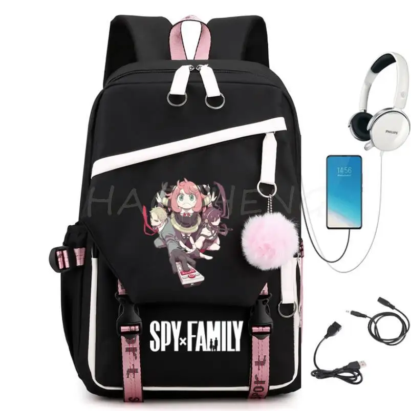 Backpack Family SPY X USB Charge ddmysmile Pink Travel Canvas Student Backpack Anya Forger Schoolbags For Teens Boys&Girls Mochilas Smile