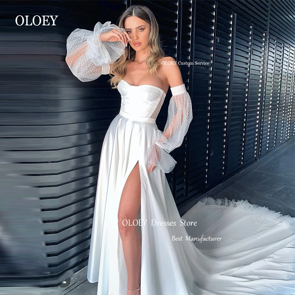 Line OLOEY Elegant A Puff Long Sleeves Wedding Dresses Puff Long Sleeves Dotteed Split Court Train Bridal Gowns Robee de mariage smile