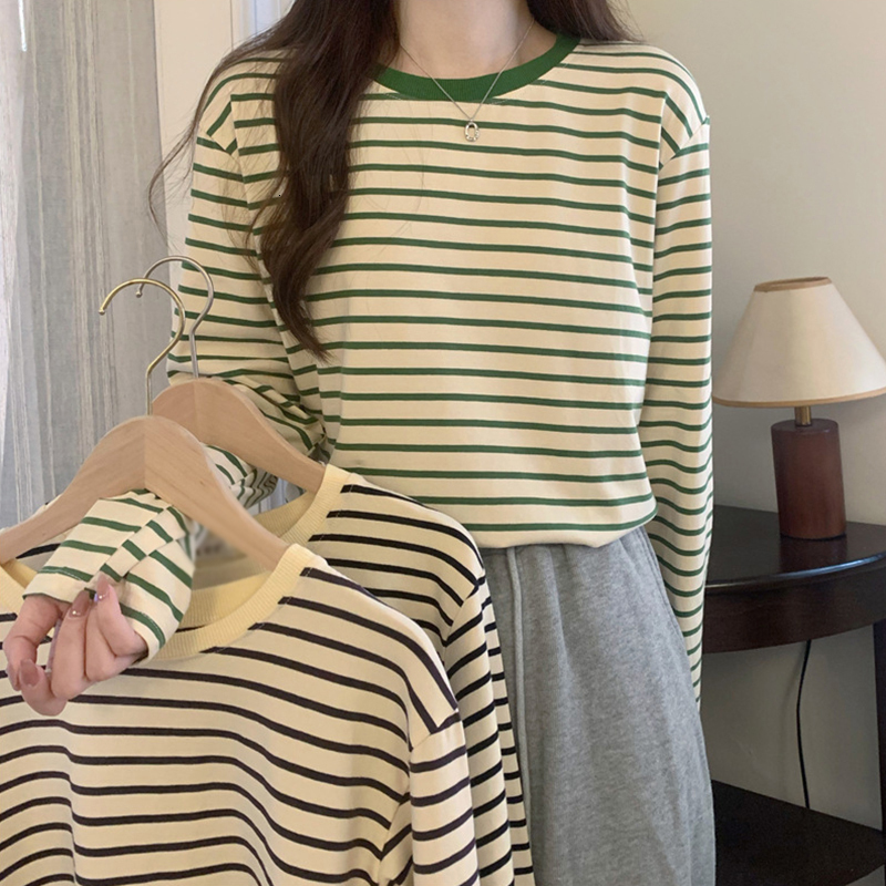 2025 new model Womens Long trend Sleeve T Shirts Spring Autumn Casual Loose Crewneck Color Block Stripe Tee Tops