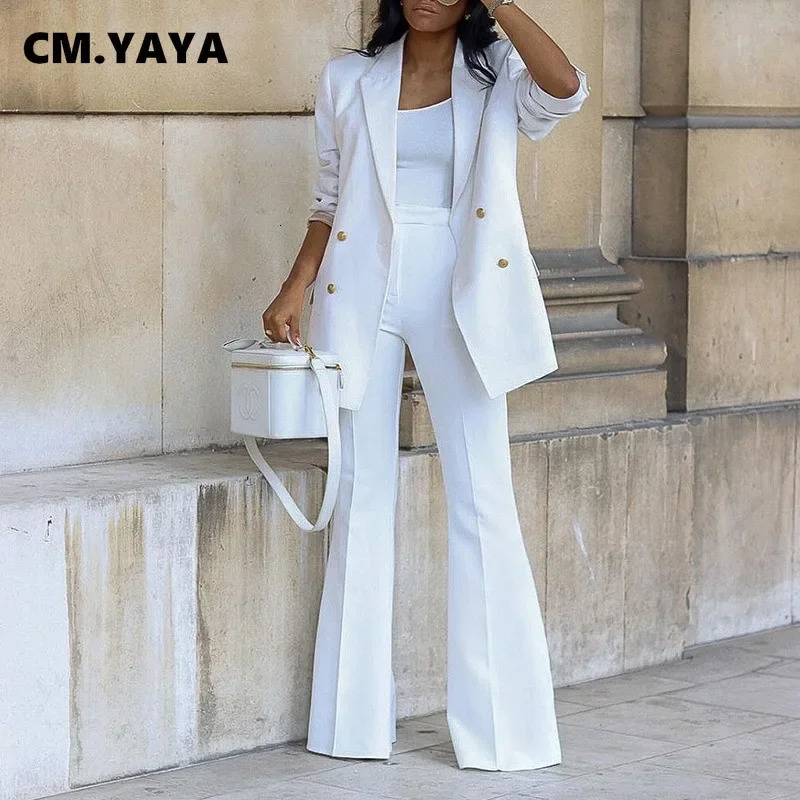 CMYAYA Basic Elegant Womens Tracuit Double Breasted Blazers And Straight Flare Pants Suit Matching Two Piece Set Outfits