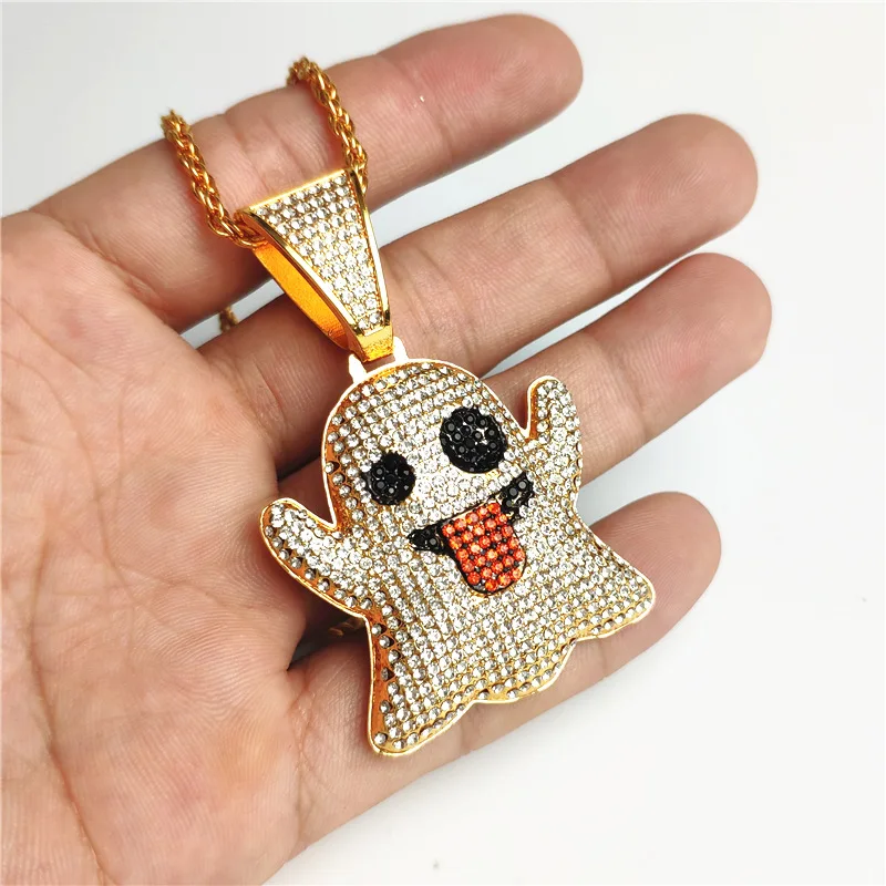 Tongue ULJ Black Ghost Eyes Funny Street Hipster AAA Rhinestones Hip-hop Miami Cuban Link Chain Male Necklace jewelry smile