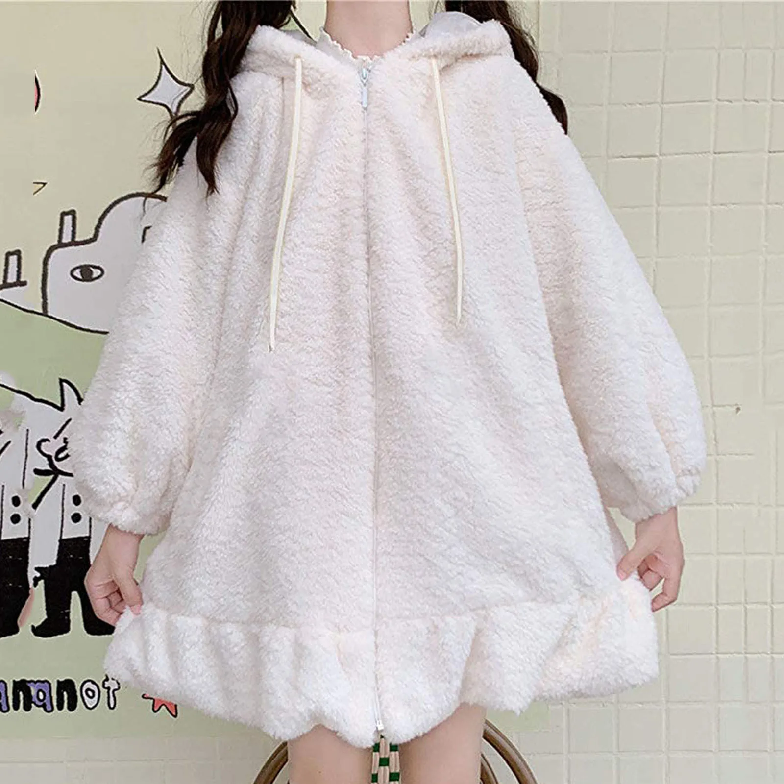 Women Lolita Hoodies Kawaii Winter Warm Lambswool Oversized Sweatshirt Cute ddmysmile Bunny Ears Long Sleeve Zip Up Hooded Fleece Jacket Smile