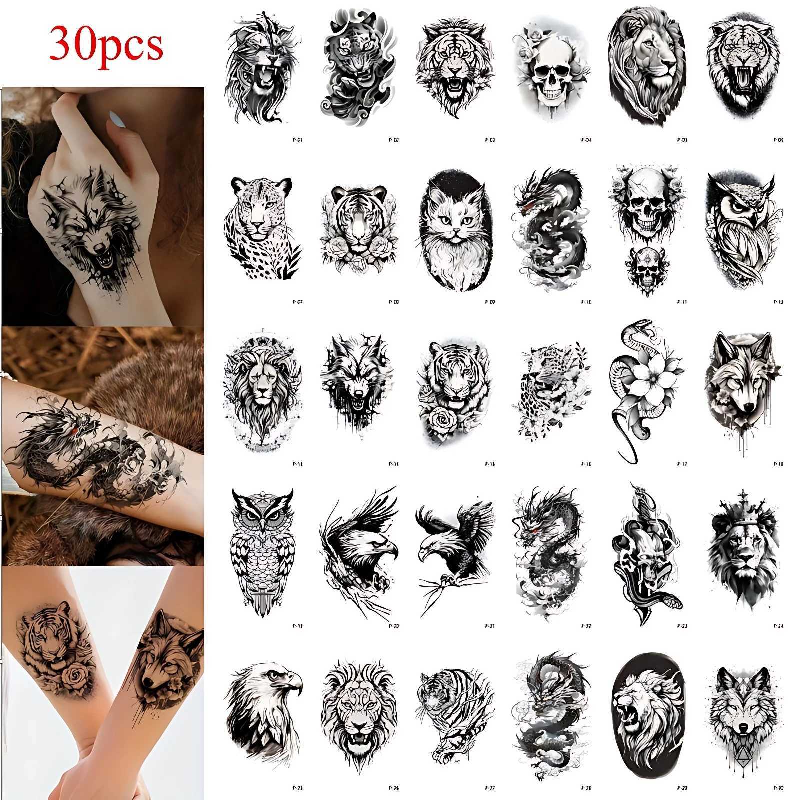 30 pieces/set mens animal eagle dragon tiger lion tattoo stickers cool disposable temporary tattoos on the abdomen and back of the hand temporary tatt