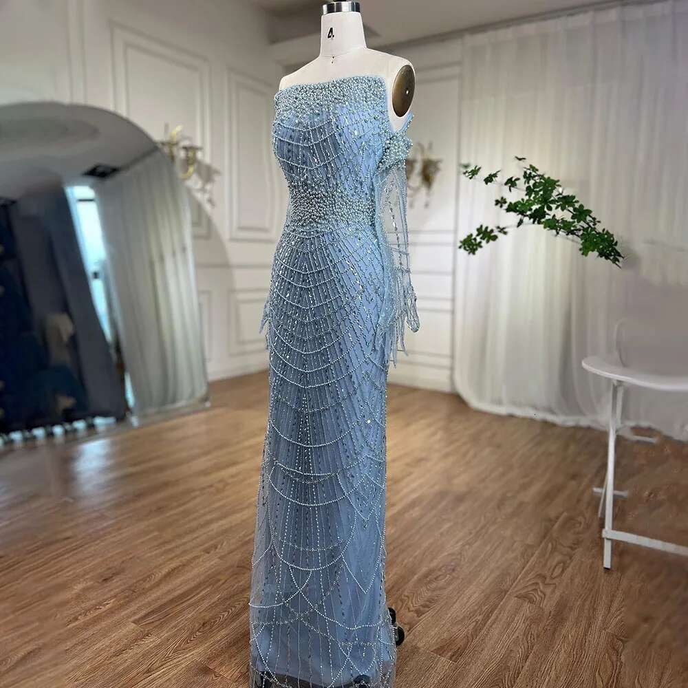 Hill Arabic Serene Blue Elegant Mermaid Strapless Beaded Party Dresses Gowns Formal Evening LA A Customized