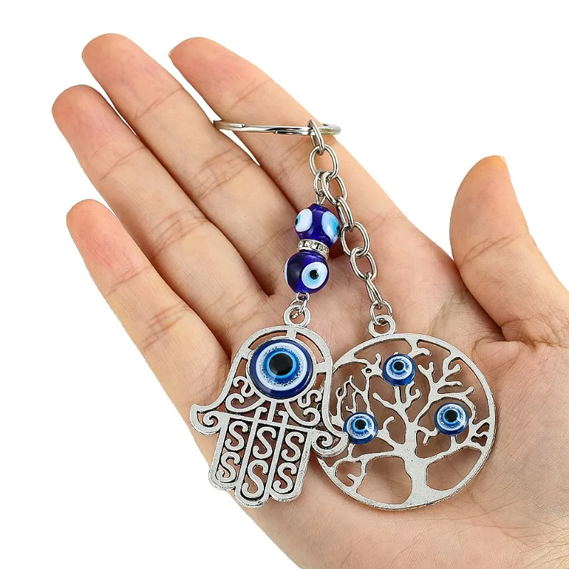 Life Of Energy Tree Hamsa Fatima Hand Palm Turkish Blue Devil Eye Metal Pendant Keychain Lucky Fortune ddmysmile Mascot Purse Dangle Decor Smile