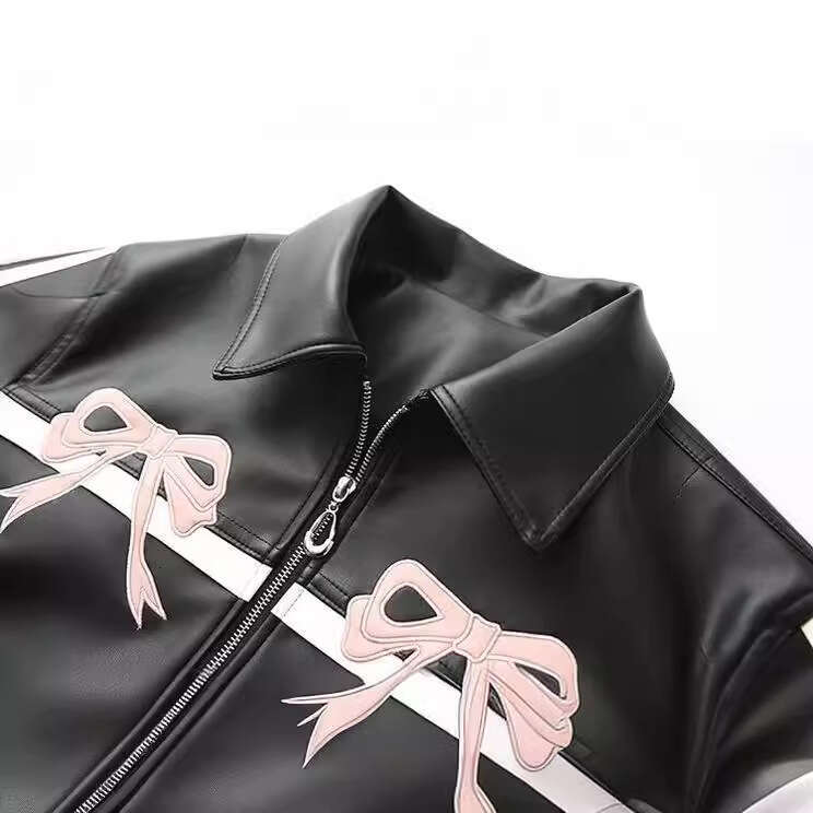 shanshi leather jacket women Spring New Women's Clothing Sweet Cool Bow Black Leather Jacket for Women