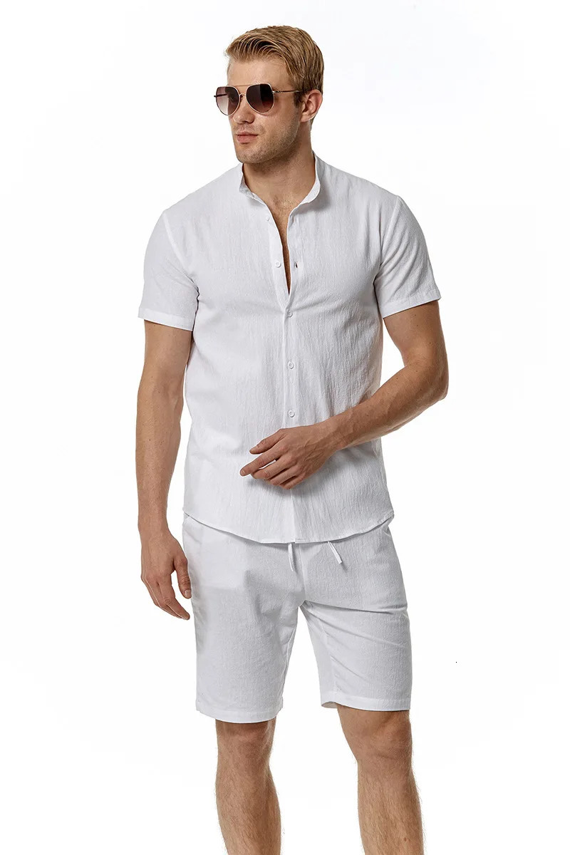 Summer Mens Set Cotton Linen Henry Neck Beach Casual Solid Short Sleeve Shorts 240409