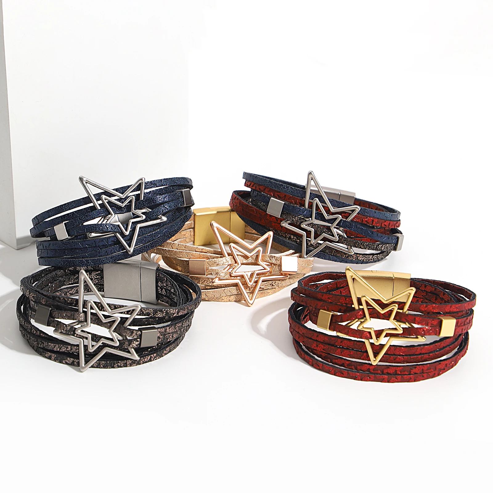 Metal Double Five-pointed Amorcome Star Charm Bracelets for Women Boho Stars Printed Leather Multilayer Wrap Bracelet Jewelry smile