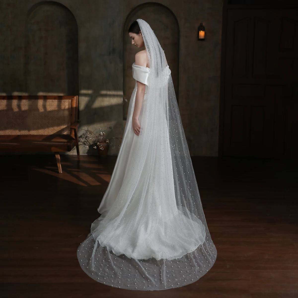Bridal V865 Exquisite Wedding Cathedral Veil 1-T Tulle Pearls Sier Sequined Long White Brides Veil ddmysmile Women Marriage Accessories Smile