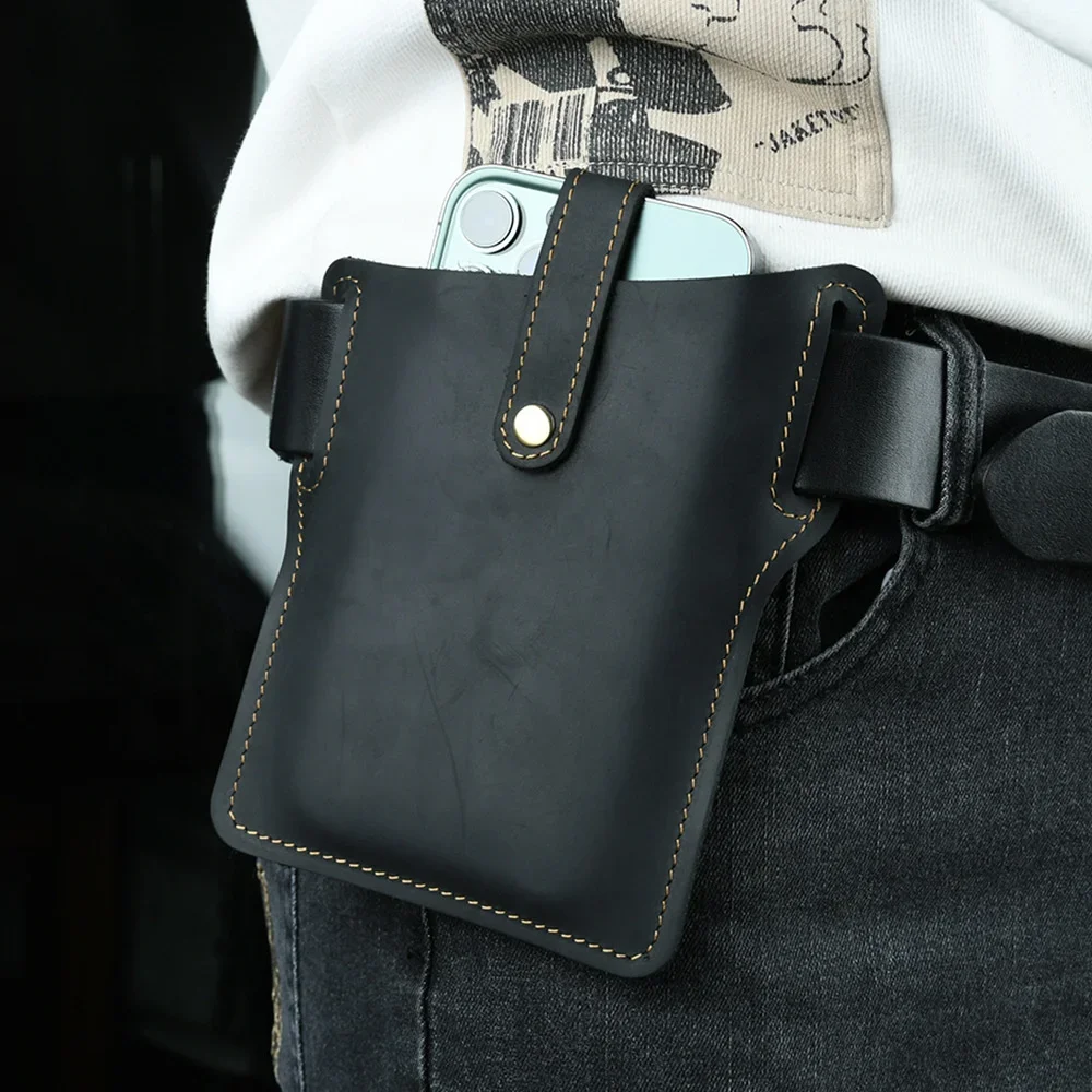 Leather Horse Moterm Crazy Men Waist Bags New Retro Wear Resistant Mobile Phone Bag Leisure Cowhide Male Belt Pouch Wholesale smile