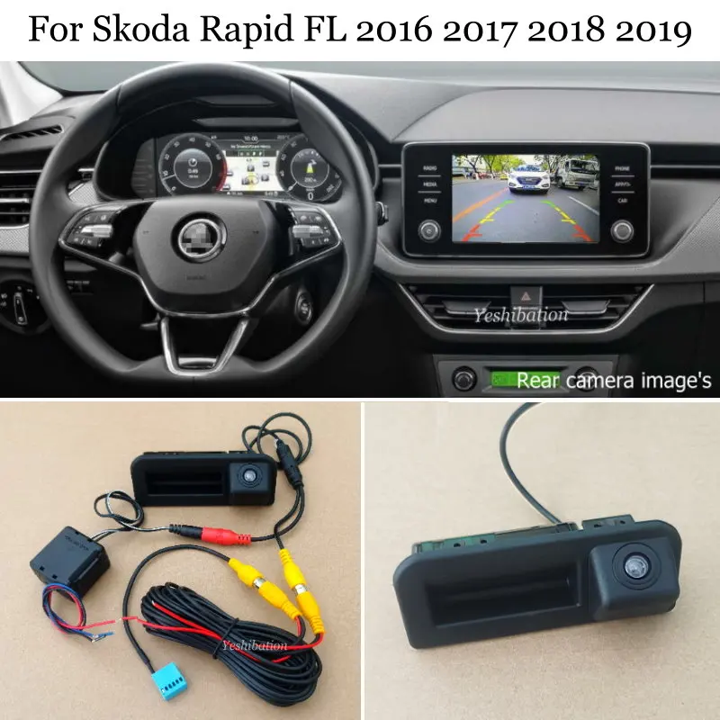 Camera View Car Rear Trunk Handle Camera For Skoda Rapid FL 2016~2021 ddmysmile Back Up Reverse Camera RCA & Original Screen Compatible Smile &