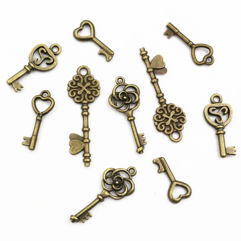 40pcs Key Charms Pendants Antique Bronze plated Metal Retro Slower Heart Keys Charm DIY Jewelry Making Accessories Necklace