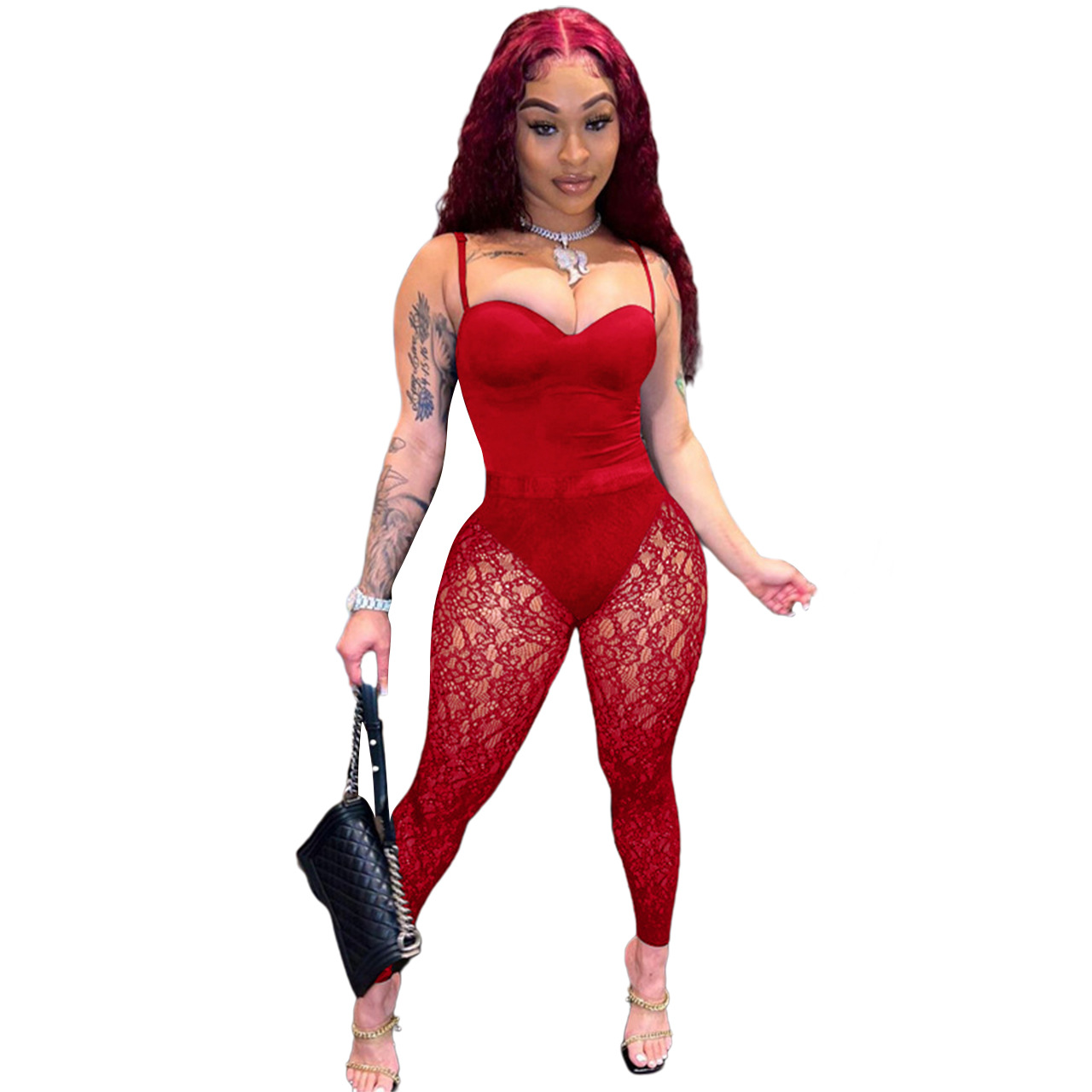 womens designer clothing Sexy Sleeveless Bodysuits See Through Lace Leggings two piece set women Summer Sheer Outfits Night Club Wear designer tracksu
