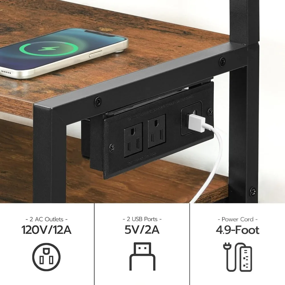 Nightstand with Charging Station,Bedside Table Fabric Drawers,End Table Open Storage Shelves,Night Stand Rustic Brown and Black