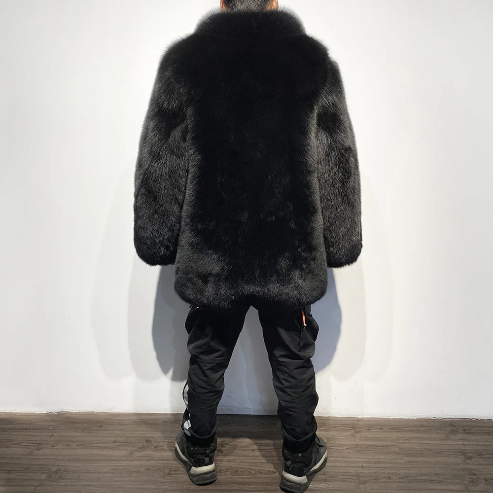 YOLOAgain Full Pelt Stand up Black Fox Fur Jakcet Mens Winter Warm Coat 241108