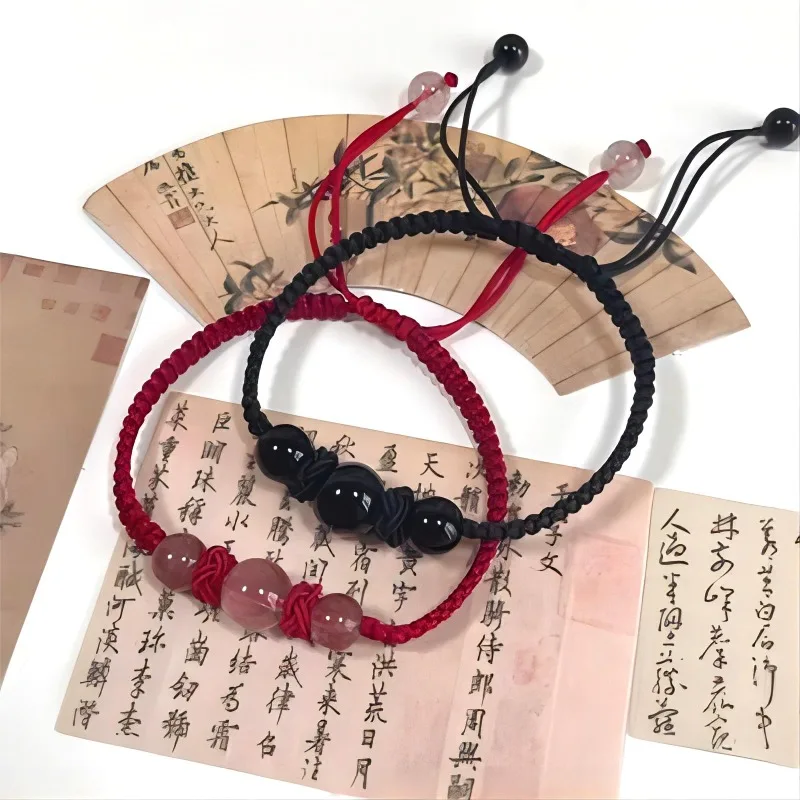Red Crystal Obsidian Strawberry Rope Woven Couple Bracelets Charming Braided Rope Natural Lovely Adjustable Niche Designed Style smile