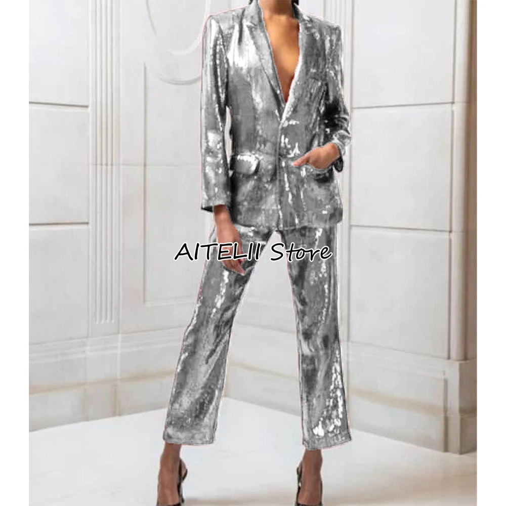 For 2 Piece Dresses Prom Blazer Pant Set Women Suit Retro Elegant Short Sets Shiny Sequins Lapel Jacket Women's ddmysmile Pantsuit Smile 'S