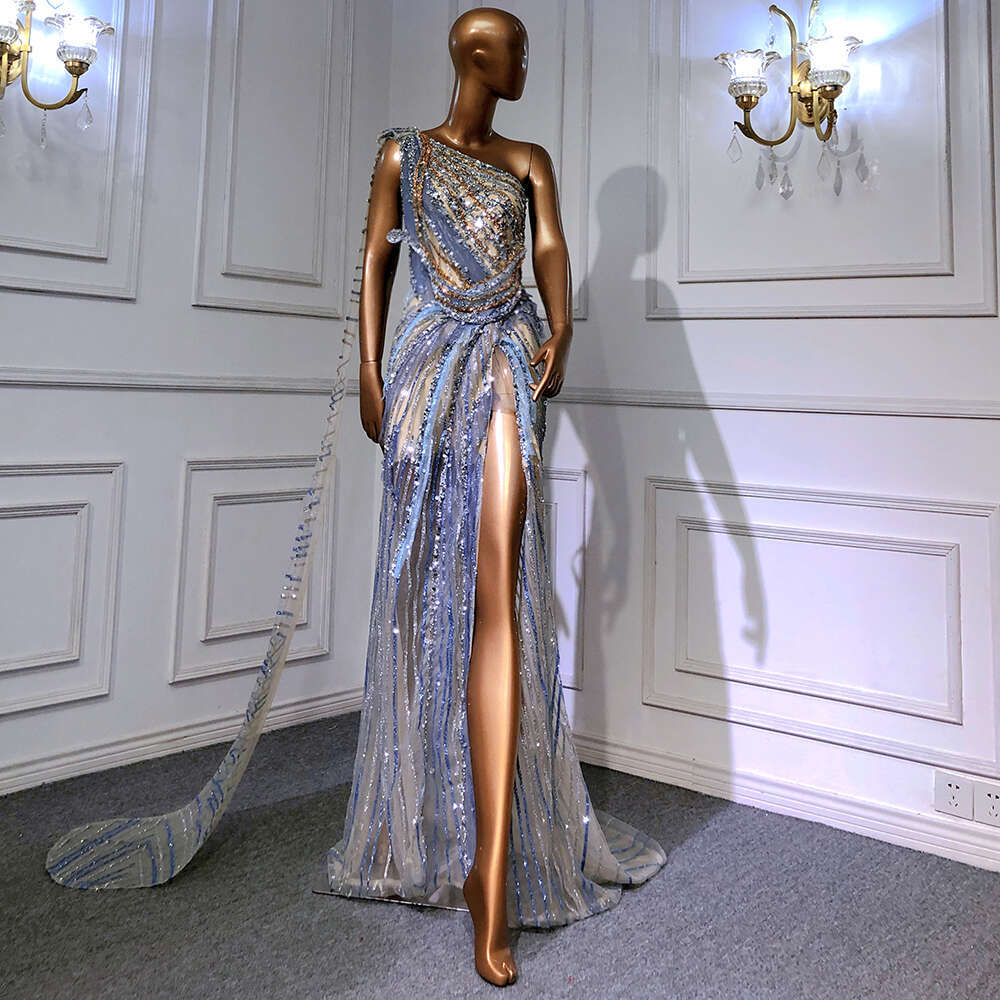 Blue Customized Sliver High Split Evening Dresses Gowns Beaded Mermaid Elegant For Women Party Couture LA